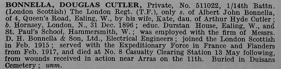 Bonnella D C Pte 511022 14th London Regiment