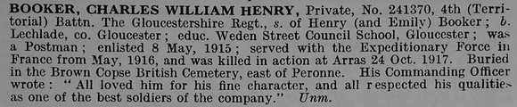 Booker C W H Pte 241370 4th Gloucestershire Regiment