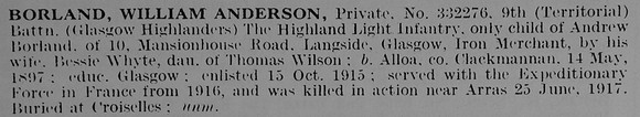 Borland W A Pte 332276 9th Highland Light Infantry