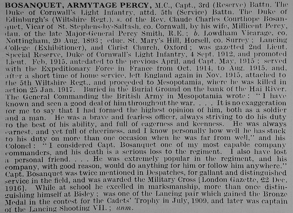 Bosanquet A P Captain MC 3rd Duke Of Cornwall's Light Infantry