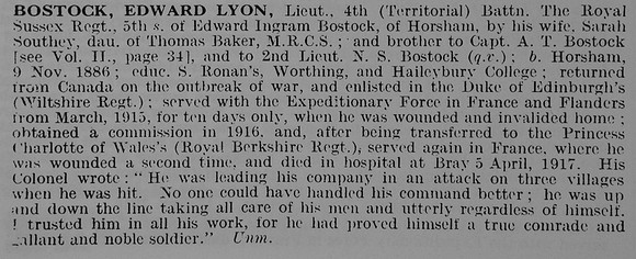 Bostock E L Lt 4th Royal Sussex Regiment