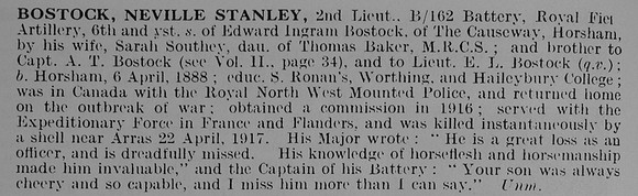 Bostock N S 2nd Lt Royal Field Artillery