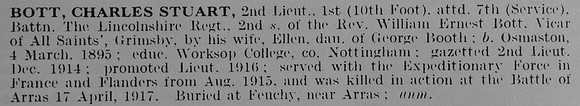 Bott C S 2nd Lt 7th Lincolnshire Regiment