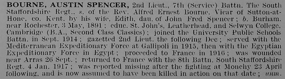 Bourne A S 2nd Lt 7th South Staffs Regiment