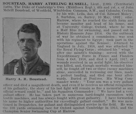 Boustead H A R Lt 8th Middlesex Regiment Attd Royal Flying Corps Obit De Ruvignys Roll Of Honour