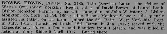 Bowes E Pte 3485 12th West Yorkshire Regiment