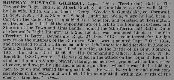 Bowhay E G Captain 6th Devonshire Regiment