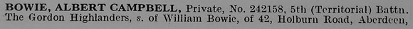 Bowie A C Pte 242158 5th Gordon Highlanders Part 1