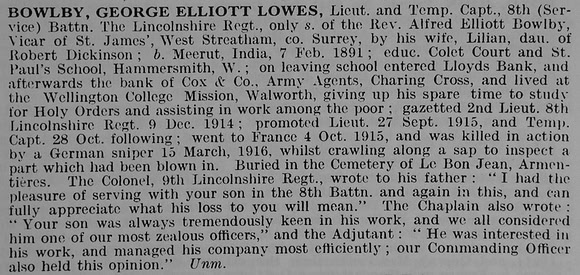 Bowlby G E L Lt 8th Lincolnshire Regiment