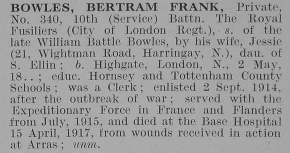 Bowles B F Pte 10th Royal Fusiliers Obit De Ruvignys Roll Of Honour Vol 3