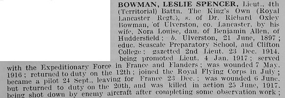 Bowman L S Lt 4th King's Own Attd Royal Flying Corps