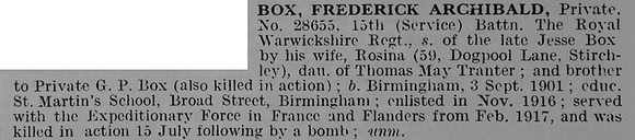 Box F A Pte 28655 15th Royal Warwickshire Regiment