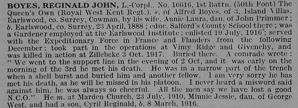 Boyes R J L/Cpl 16616 1st Royal West Kent Regiment