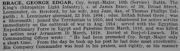 Brace G E CSM 10th Shropshire Light Infantry Obit Part 1