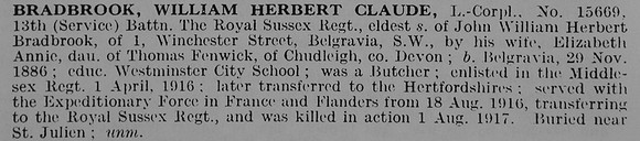 Bradbrook W H C L/Cpl 15669 13th Royal Sussex Regiment