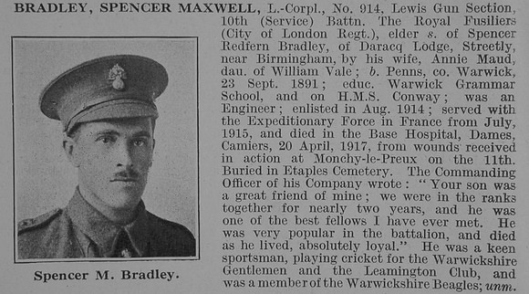 Bradley S M L/Cpl 10th Royal Fusiliers Obit De Ruvignys Roll Of Honour Vol 3