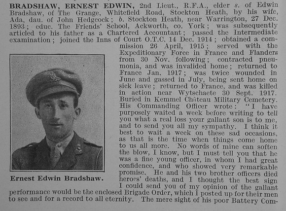Bradshaw E E 2nd Lt Royal Field Artillery Obit Part 1 De Ruvignys Roll Of Honour Vol 3