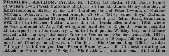 Bramley A Pte 12108 1st West Yorkshire Regiment Obit Part 1