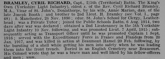 Bramley C R Captain 5th King's Own Yorlshire Light Infantry