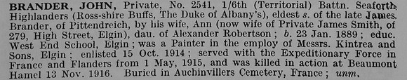 Brander J Pte 2541 6th Seaforth Highlanders
