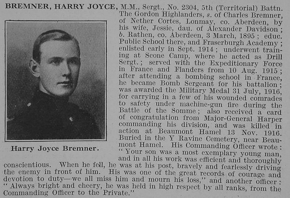 Bremner H J Sergt MM 5th Gordon Highlanders Obit De Ruvignys Roll Of Honour Vol 3