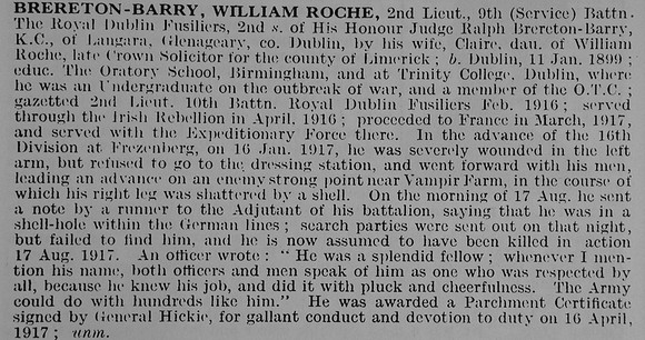 Brereton-Barry W R 2nd Lt 9th Royal Dublin Fusiliers