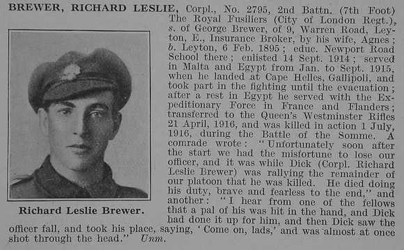 Brewer R L Cpl 2nd Royal Fusiliers Obit De Ruvignys Roll Of Honour Vol 3