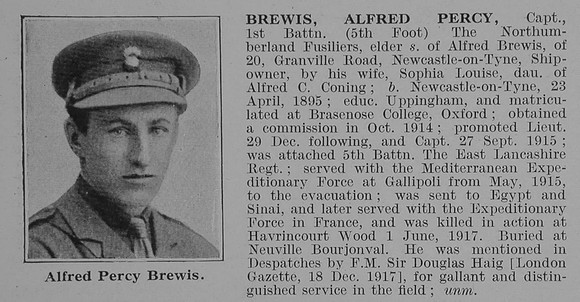 Brewis A P Captain 1st Northumberland Fusiliers Obit De Ruvignys Roll Of Honour Vol 3