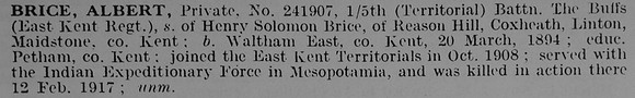 Brice A Pte 241907 5th East Kent Regiment