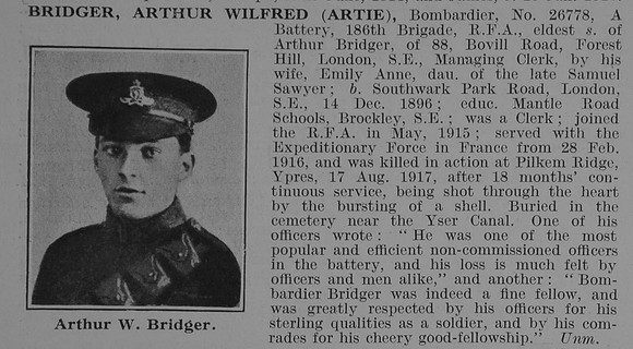 Bridger A W Bmdr Royal Field Artillery Obit De Ruvignys Roll Of Honour Vol 3