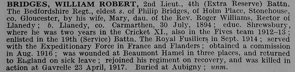 Bridges W R 2nd Lt 4th Bedfordshire Regiment