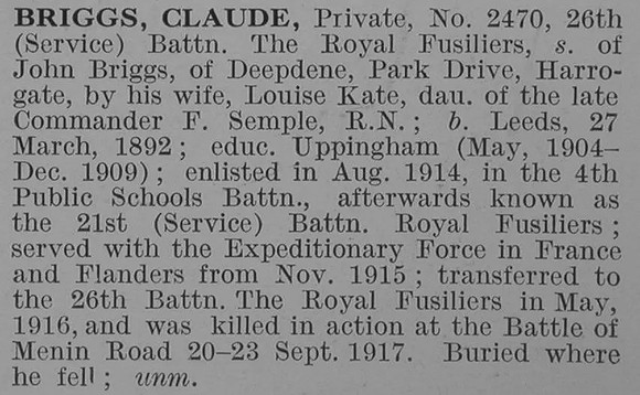 Briggs C Pte 26th Royal Fusiliers Obit De Ruvignys Roll Of Honour Vol 3