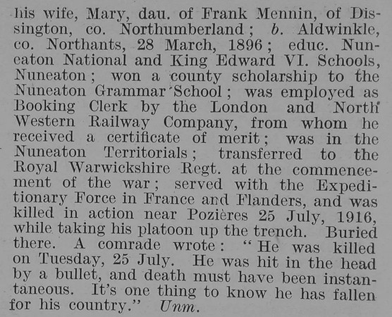Briggs H H L/Cpl Royal Warwickshire Regiment Obit Part 2 De Ruvignys Roll Of Honour Vol 3