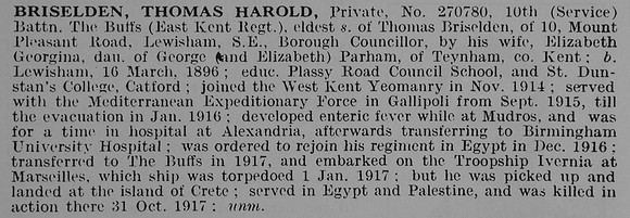Briselden T H Pte 270780 10th East Kent Regiment