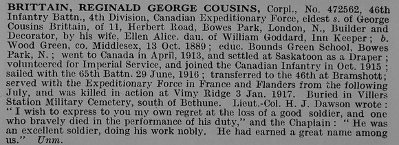 Brittain R G  C Cpl 472562 46th Canadian Expeditionary Force