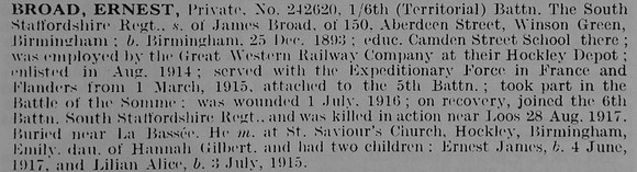 Broad E Pte 242620 6th South Staffs Regiment