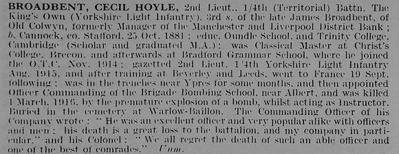 Broadbent C H 2nd Lt 4th King's Own Yorkshire Light Infantry