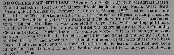 Brocklebank W Pte 205003 4th Lincolnshire Regiment