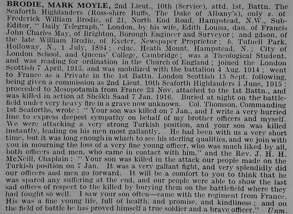 Brodie M M 2nd Lt 1st Seaforth Highlanders