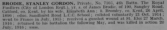 Brodie S G Pte 7103 4th Royal Fusiliers