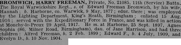 Bromwich H F Pte 21085 11th Royal Warwickshire Regiment