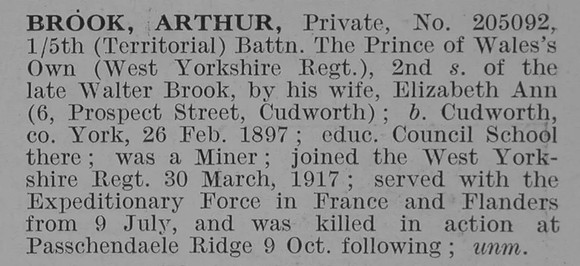 Brook A Pte 5th West Yorkshire Regiment Obit De Ruvignys Roll Of Honour Vol 3
