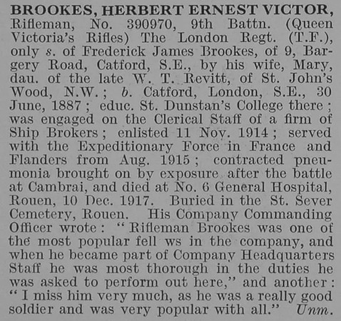 Brookes H E V Rfn 9th London Regiment Obit De Ruvignys Roll Of Honour Vol 3