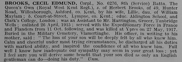 Brooks C E Cpl 6276 8th Royal West Kent Regiment