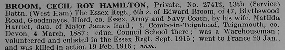 Broom C R H Pte 27412 13th Essex Regiment