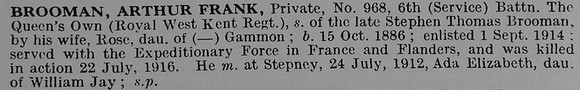 Brooman A F Pte 968 6th West Kent Regiment