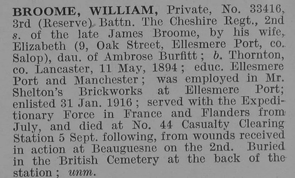 Broome W Pte 3rd Cheshire Regiment Obit De Ruvignys Roll Of Honour Vol 3