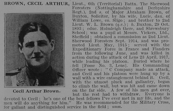Brown C A Lt 6th Notts & Derby Regiment Obit De Ruvignys Roll Of Honour Vol 3