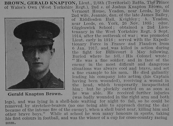 Brown G K Lt 6th West Yorkshire Regiment Obit De Ruvignys Roll Of Honour Vol 3