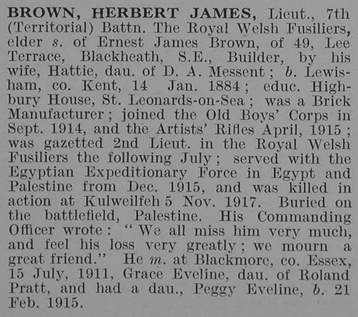 Brown H J Lt 7th Royal Welsh Fusiliers Obit De Ruvignys Roll Of Honour Vol 3